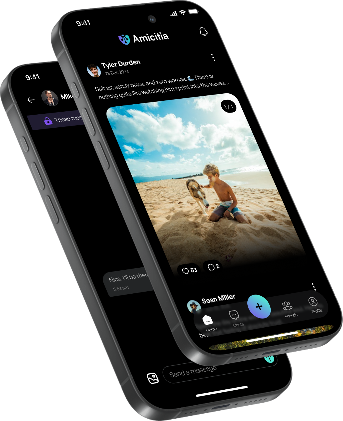 Amicitia app shown on two phones